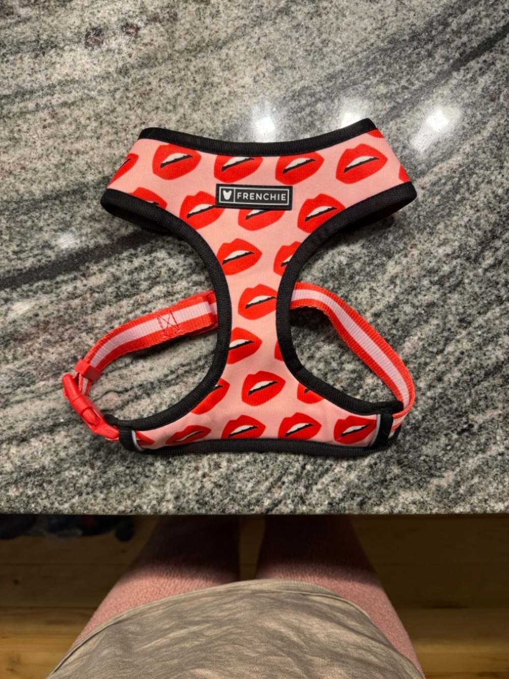 Frenchie Pink Heart-Print Dog Harness with Black Trim
